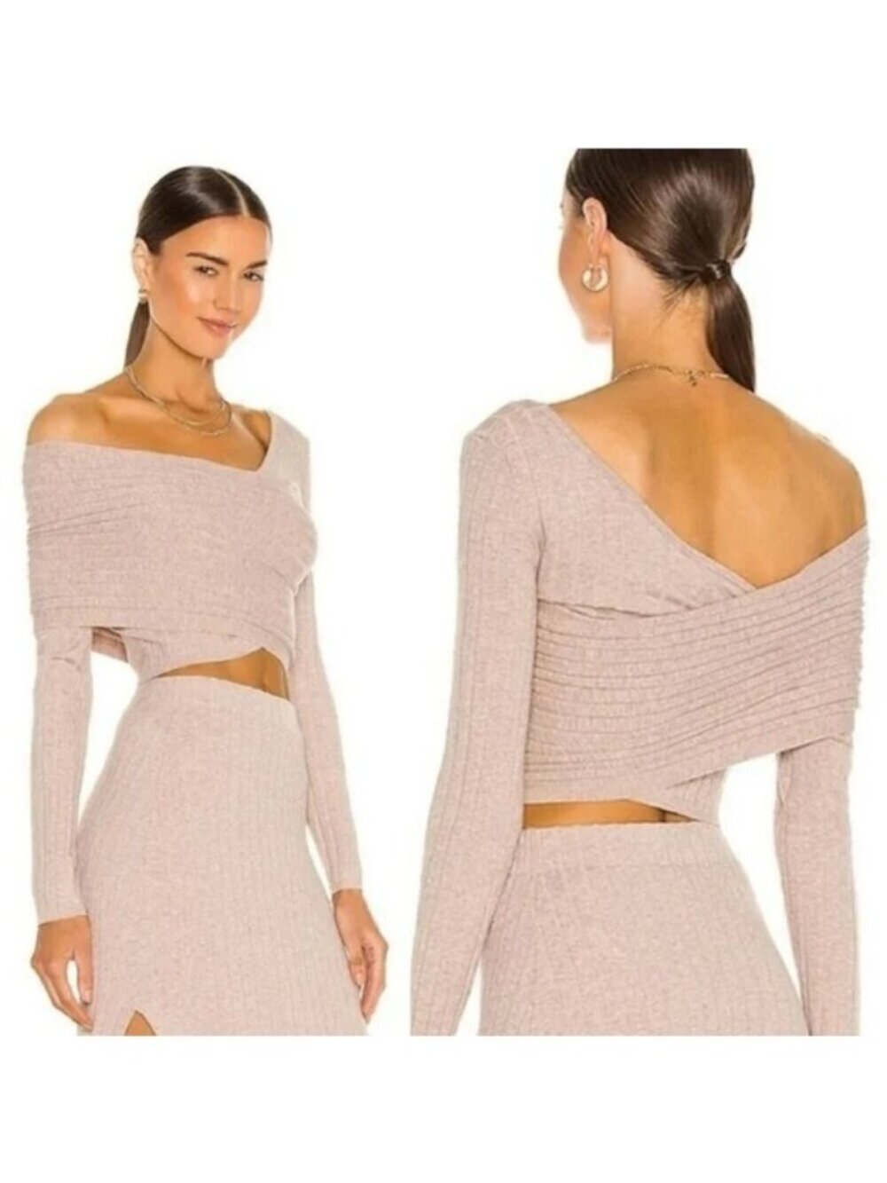 Ronny Kobo Rosette Knit Top Oatmeal One Shoulder Ribbed Long Sleeve Size XS